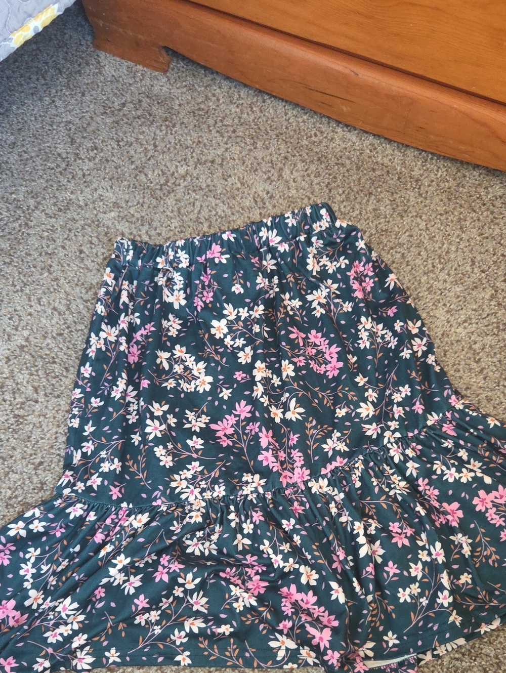 Girls Floral Tiered Skirt in Dark Green with Pink & White Flowers